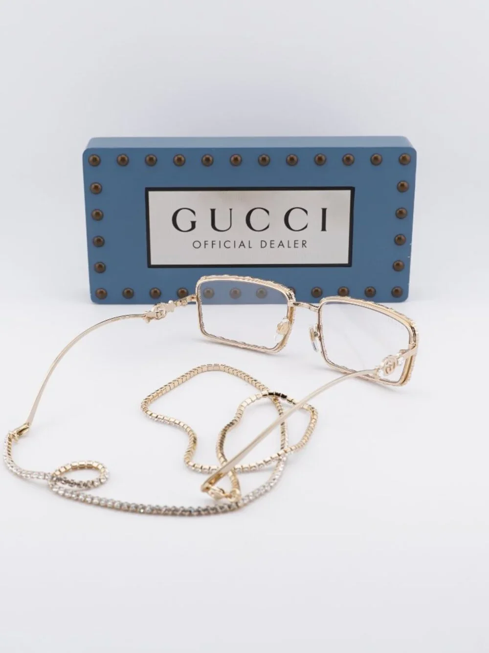 Gucci GG1568S 002 Rectangle Sunglasses - Gold with Gold Chain